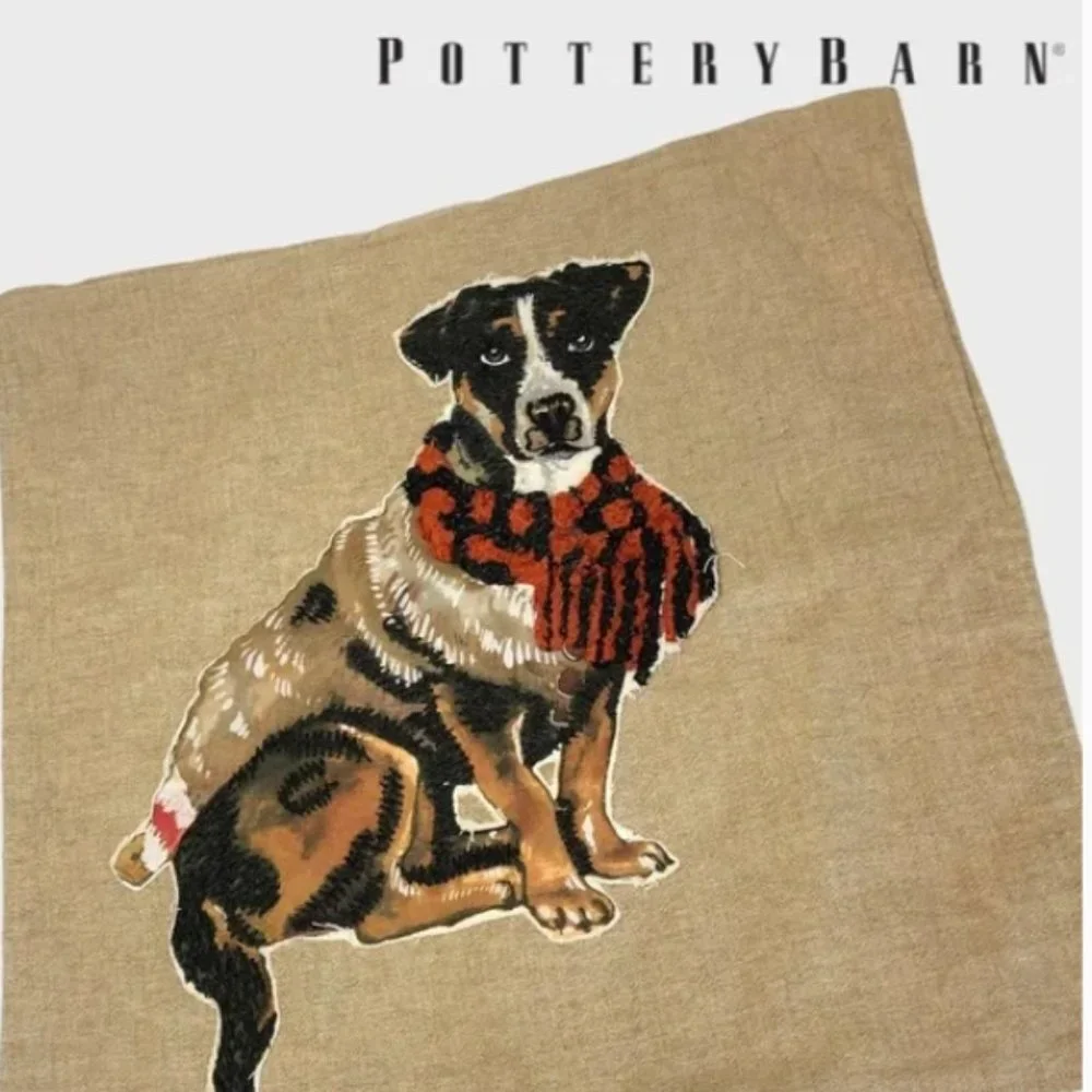 Pottery Barn Throw Pillow Cover Painted & Embroidered Terrier Tan 20 x 20